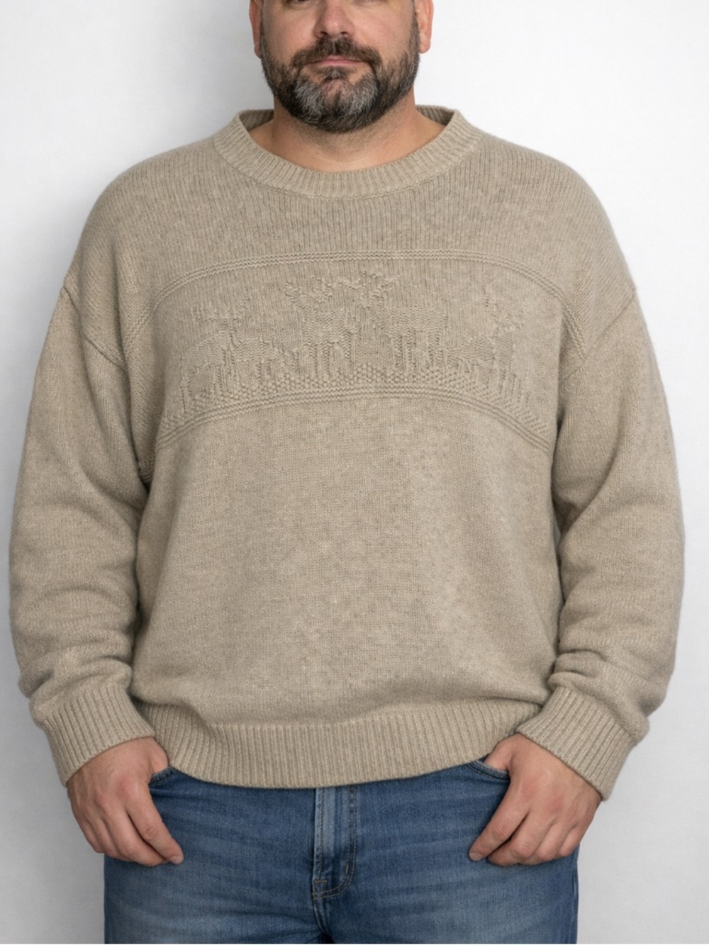 Woolrich Vintage Mens Tan Beige deer Knit Sweater Size Large Cotton blend